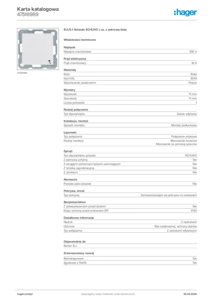 Zdjęcie Hager Karta katalogowa 47518989 | Hager Polska