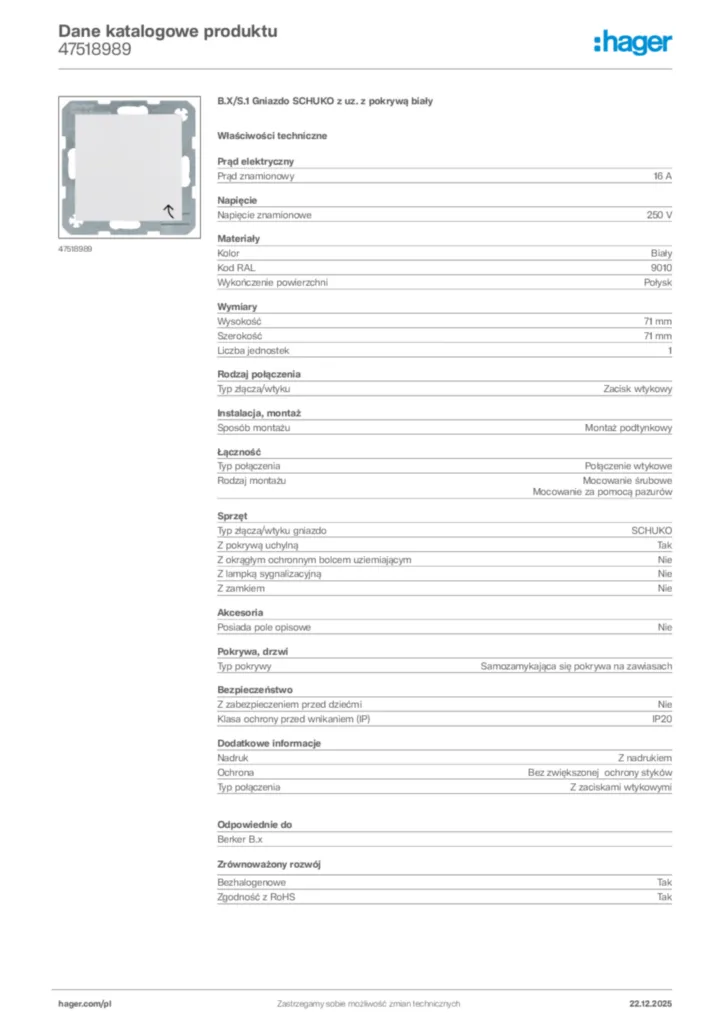 Zdjęcie Hager Dane katalogowe produktu 47518989 | Hager Polska