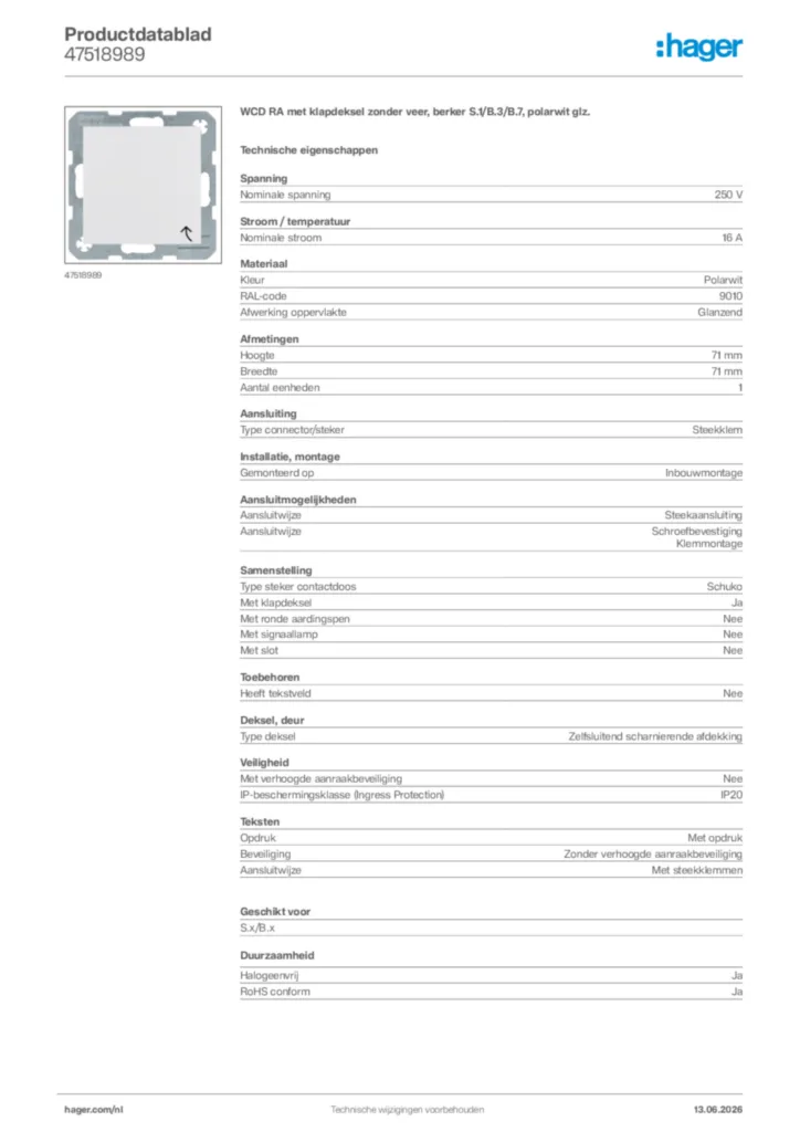 Afbeelding Hager Productdatablad 47518989 | Hager Nederland