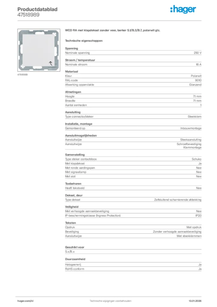 Afbeelding Hager Productdatablad 47518989 | Hager Nederland
