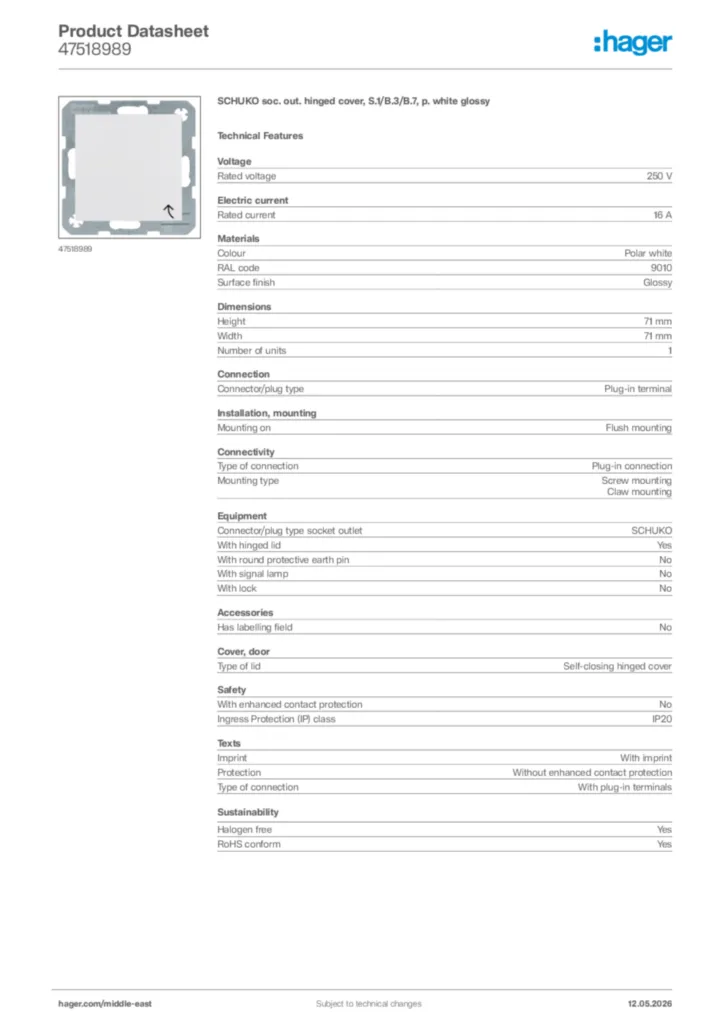 Image Hager Product data sheet 47518989  | Hager