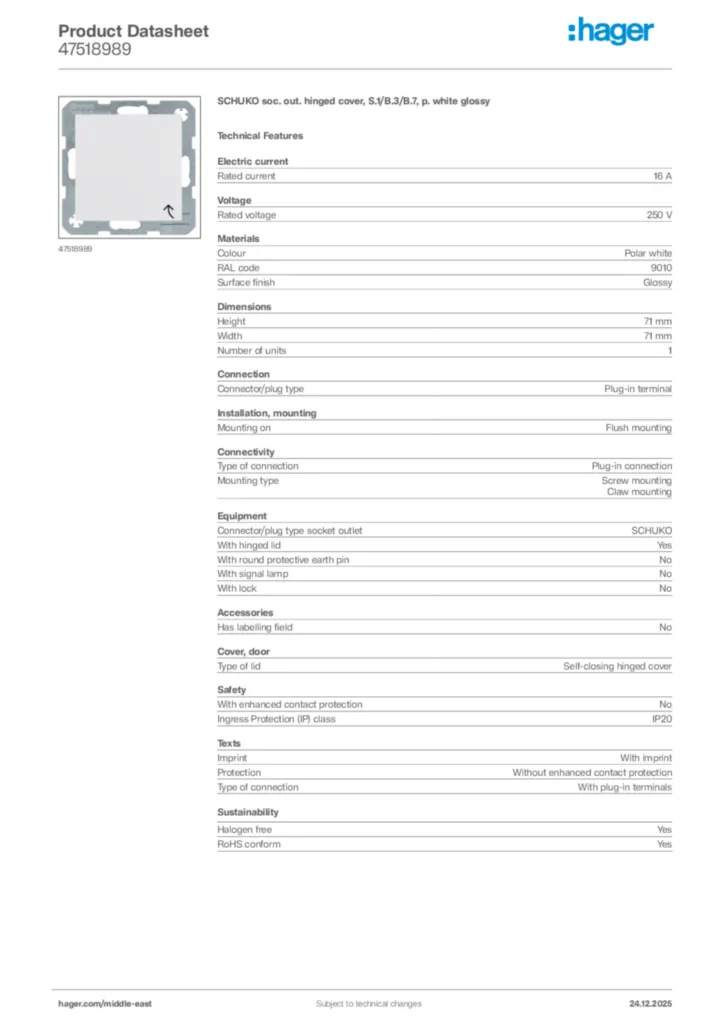 Image Hager Product data sheet 47518989  | Hager