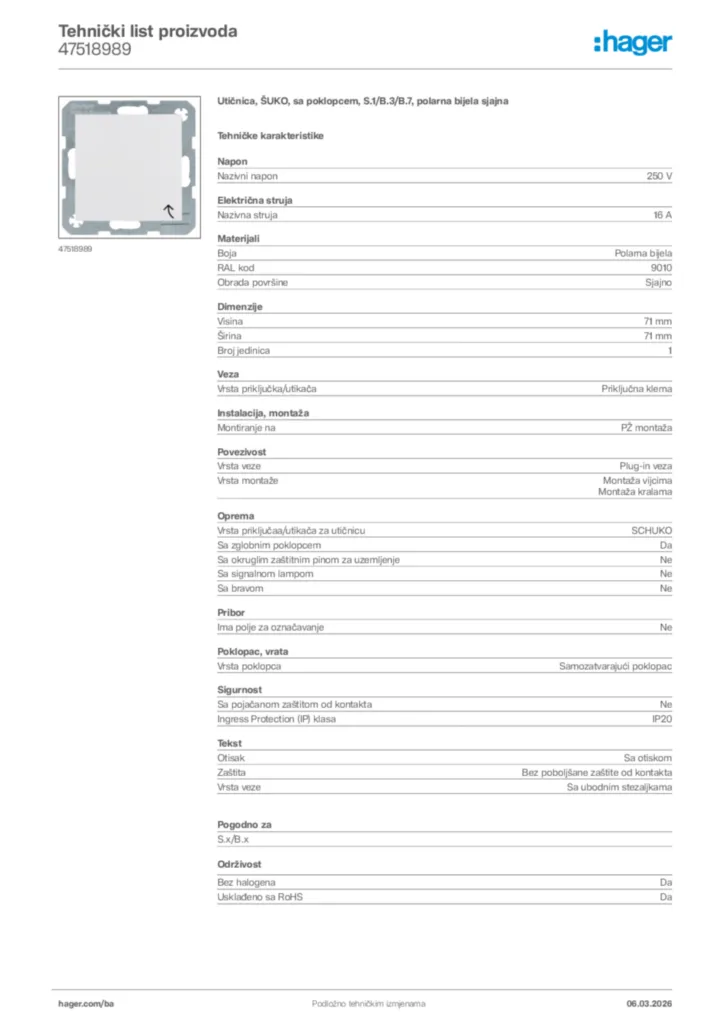 Slika Hager Tehnički list proizvoda 47518989  | Hager
