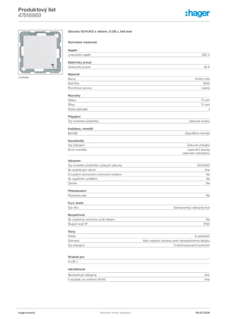 Obrázek Hager Product data sheet 47518989 | Hager