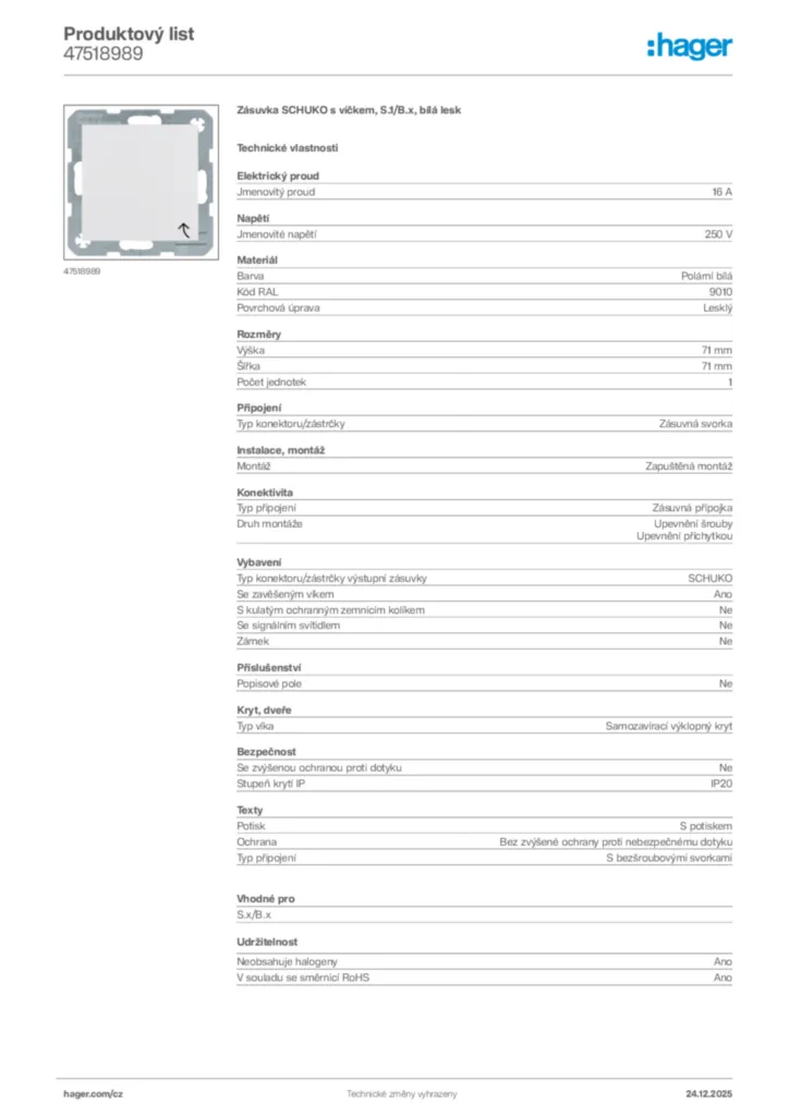 Obrázek Hager Product data sheet 47518989 | Hager
