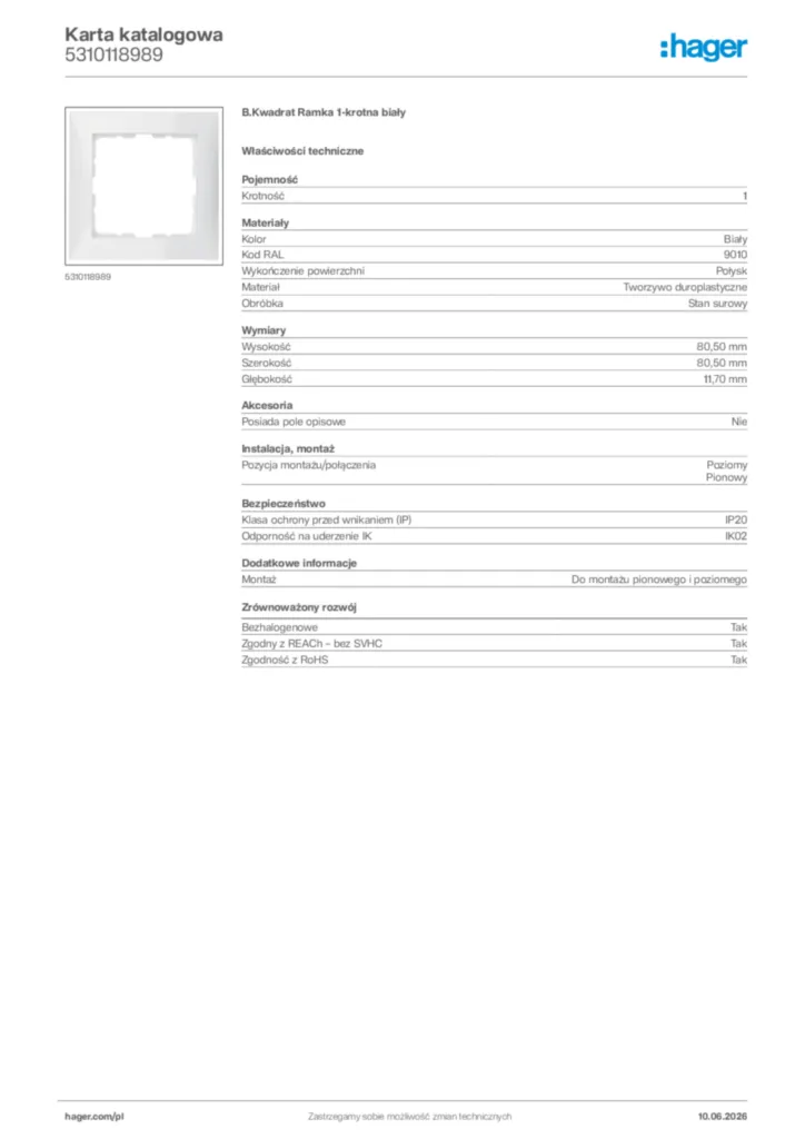 Zdjęcie Hager Karta katalogowa 5310118989 | Hager Polska