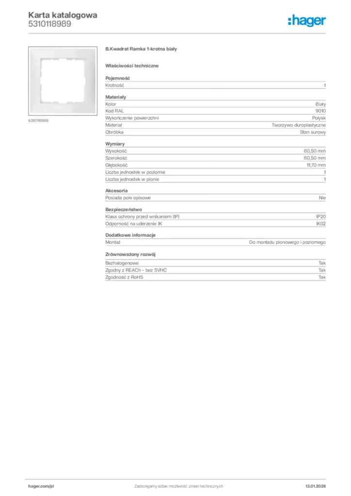 Zdjęcie Hager Karta katalogowa 5310118989 | Hager Polska