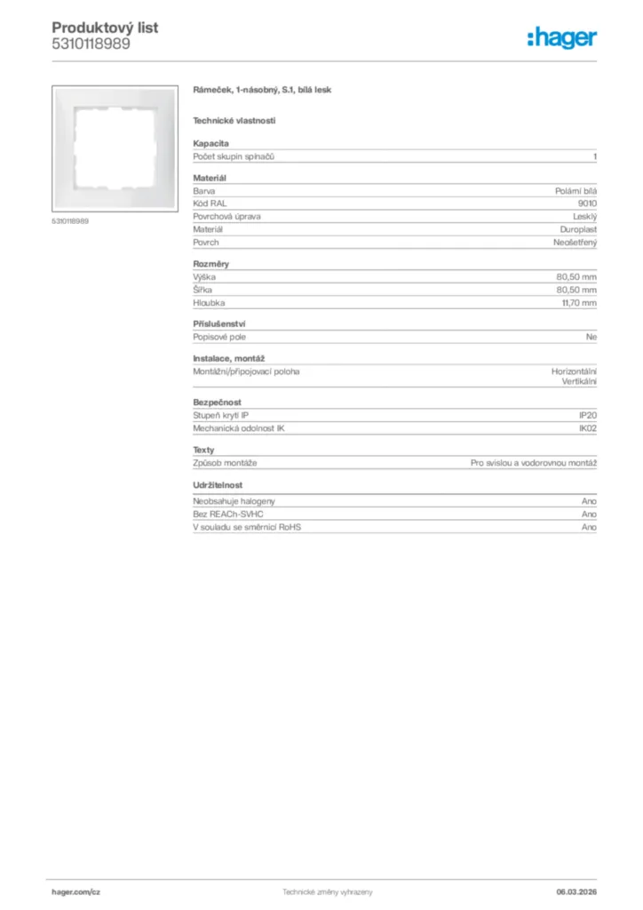 Obrázek Hager Product data sheet 5310118989 | Hager