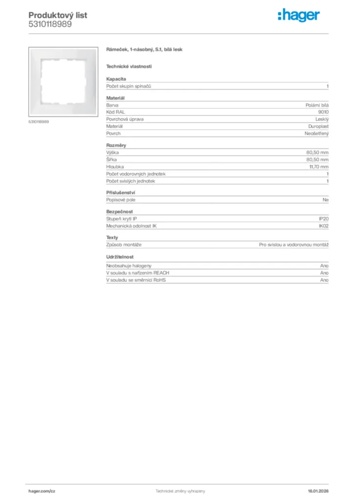 Obrázek Hager Product data sheet 5310118989 | Hager
