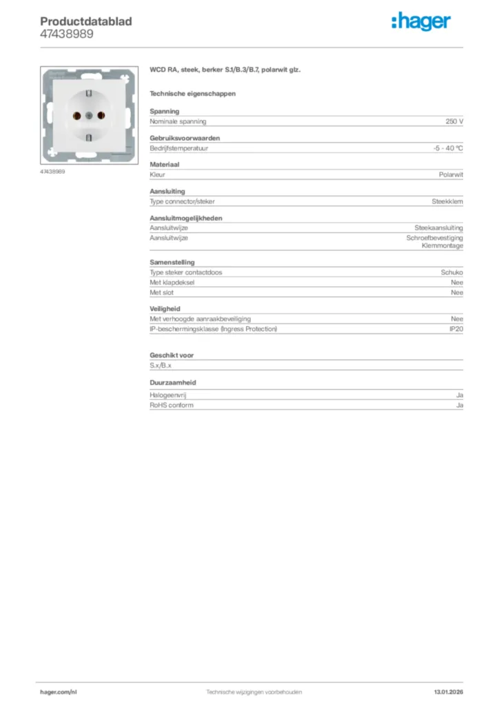 Afbeelding Hager Productdatablad 47438989 | Hager Nederland