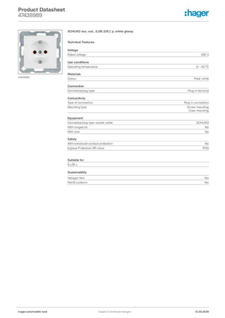 Image Hager Product data sheet 47438989  | Hager