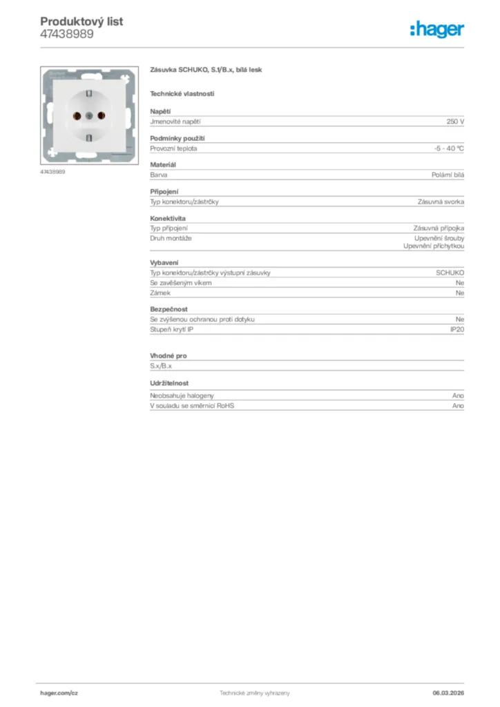 Obrázek Hager Product data sheet 47438989 | Hager