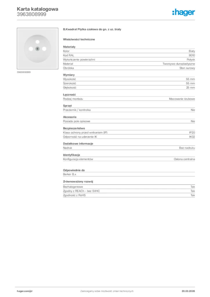 Zdjęcie Hager Karta katalogowa 3963808999 | Hager Polska