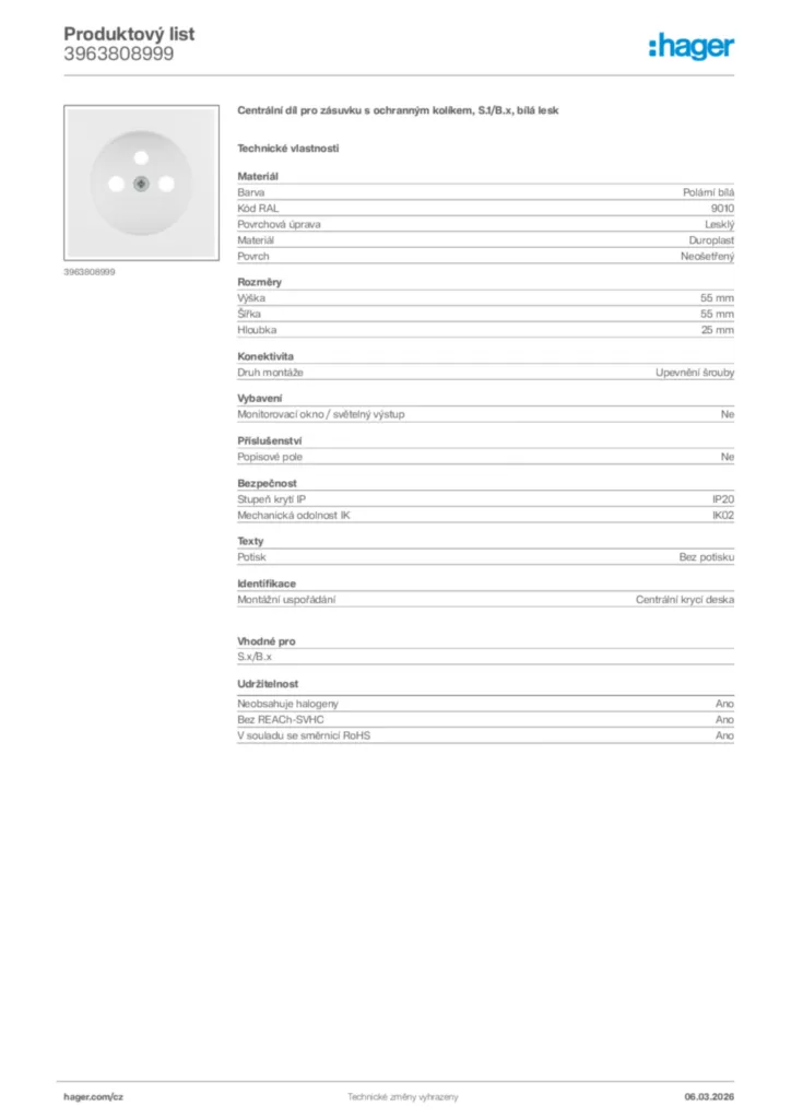 Obrázek Hager Product data sheet 3963808999 | Hager