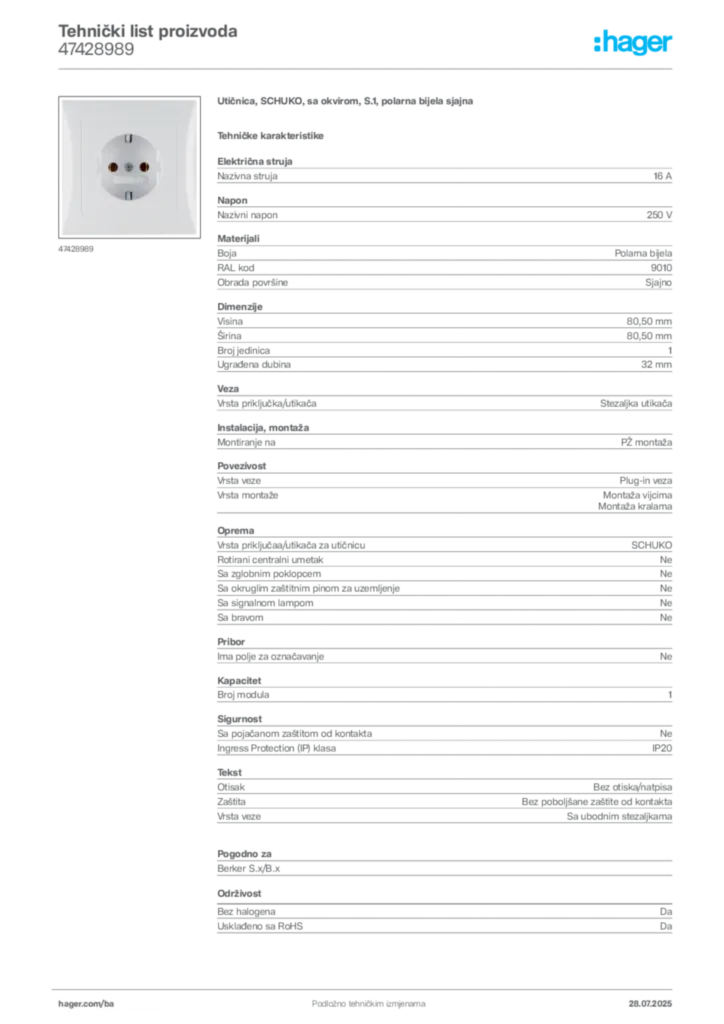 Slika Hager Product data sheet 47428989  | Hager