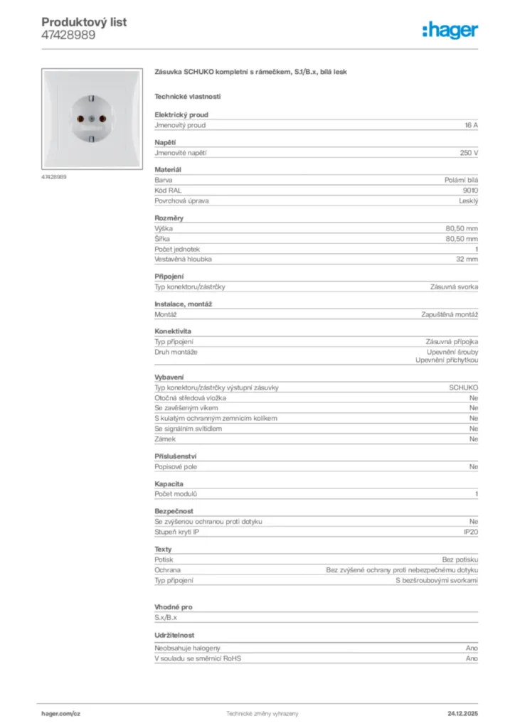 Obrázek Hager Product data sheet 47428989 | Hager