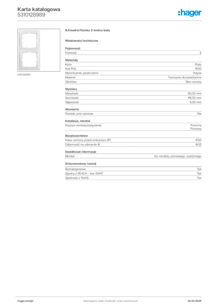 Zdjęcie Hager Karta katalogowa 5310128989 | Hager Polska
