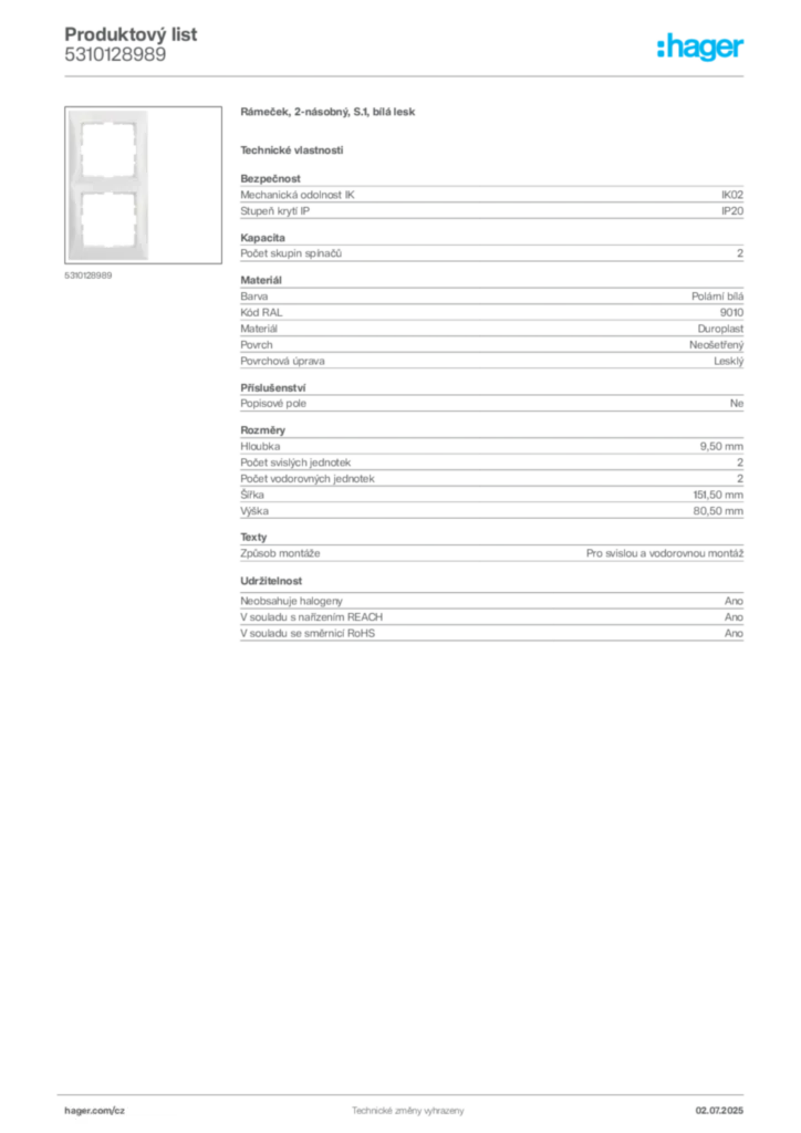 Obrázek Hager Product data sheet 5310128989 | Hager