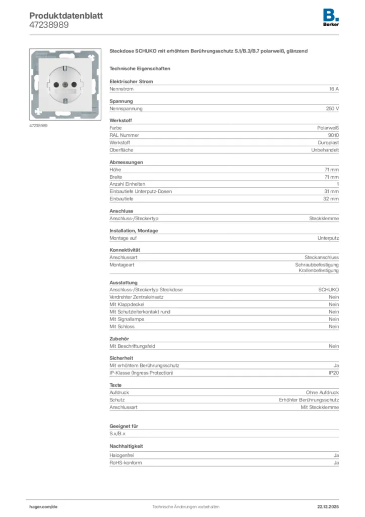 Bild Berker Produktdatenblatt 47238989 | Hager Deutschland