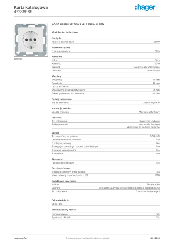 Zdjęcie Hager Karta katalogowa 47238989 | Hager Polska
