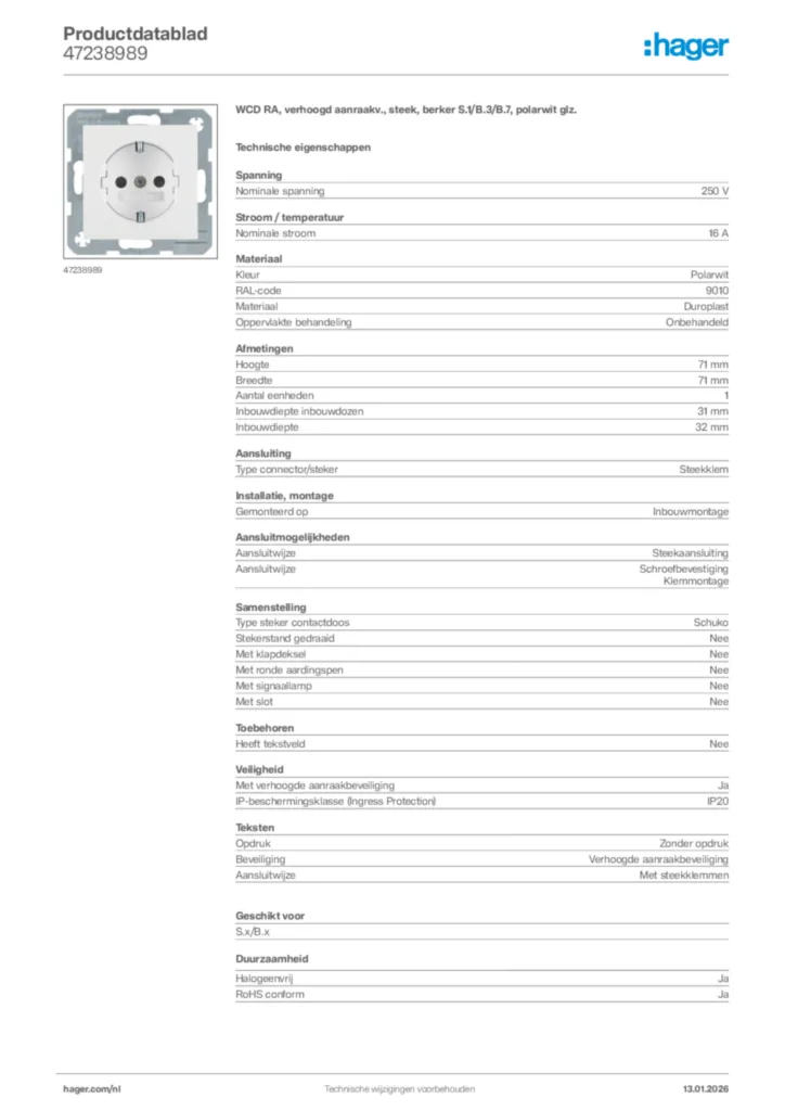Afbeelding Hager Productdatablad 47238989 | Hager Nederland