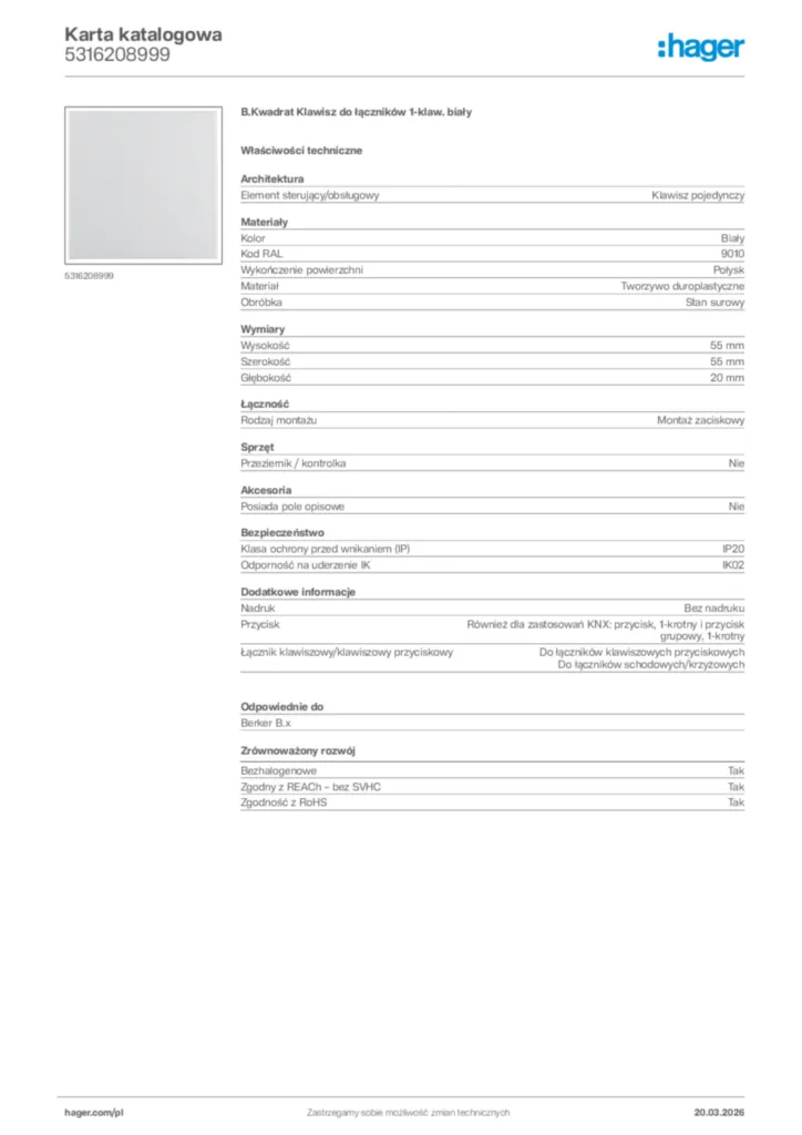 Zdjęcie Hager Karta katalogowa 5316208999 | Hager Polska