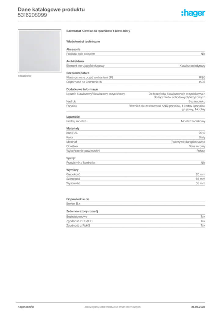 Zdjęcie Hager Dane katalogowe produktu 5316208999 | Hager Polska