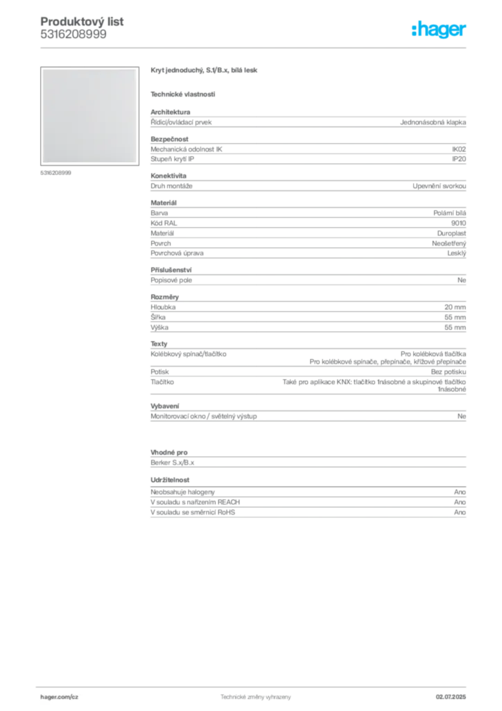Obrázek Hager Product data sheet 5316208999 | Hager