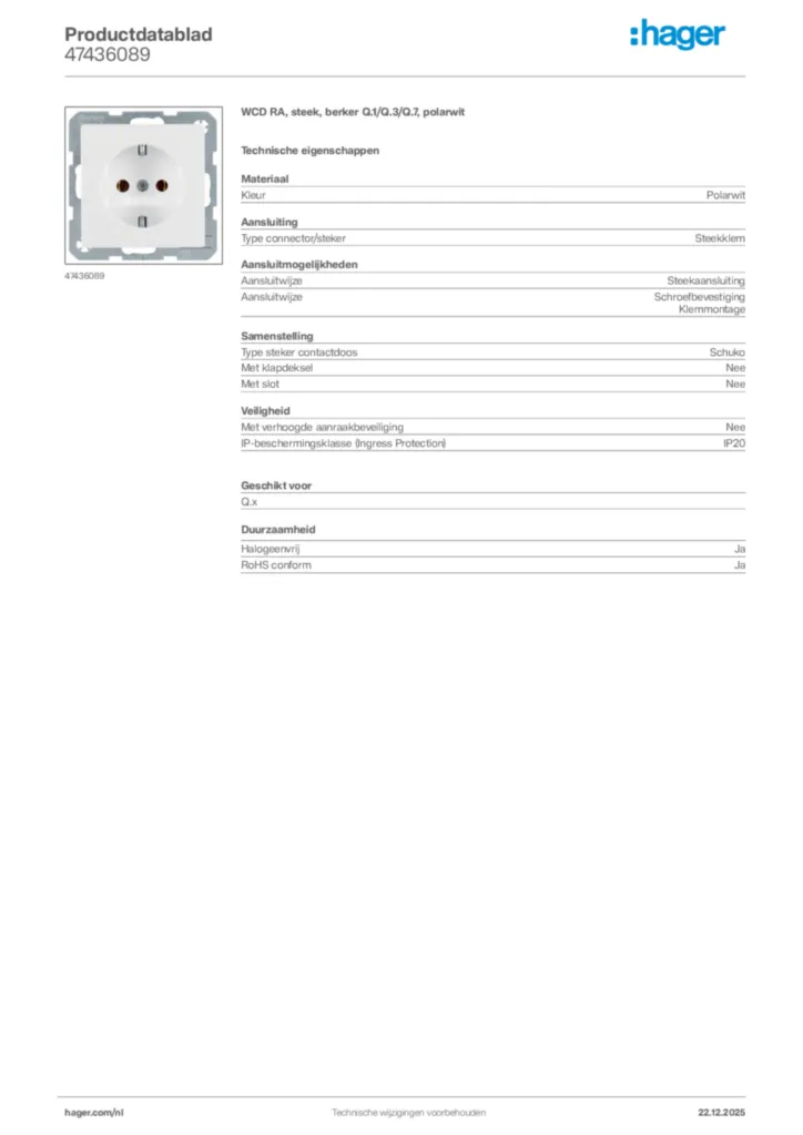 Afbeelding Hager Productdatablad 47436089 | Hager Nederland