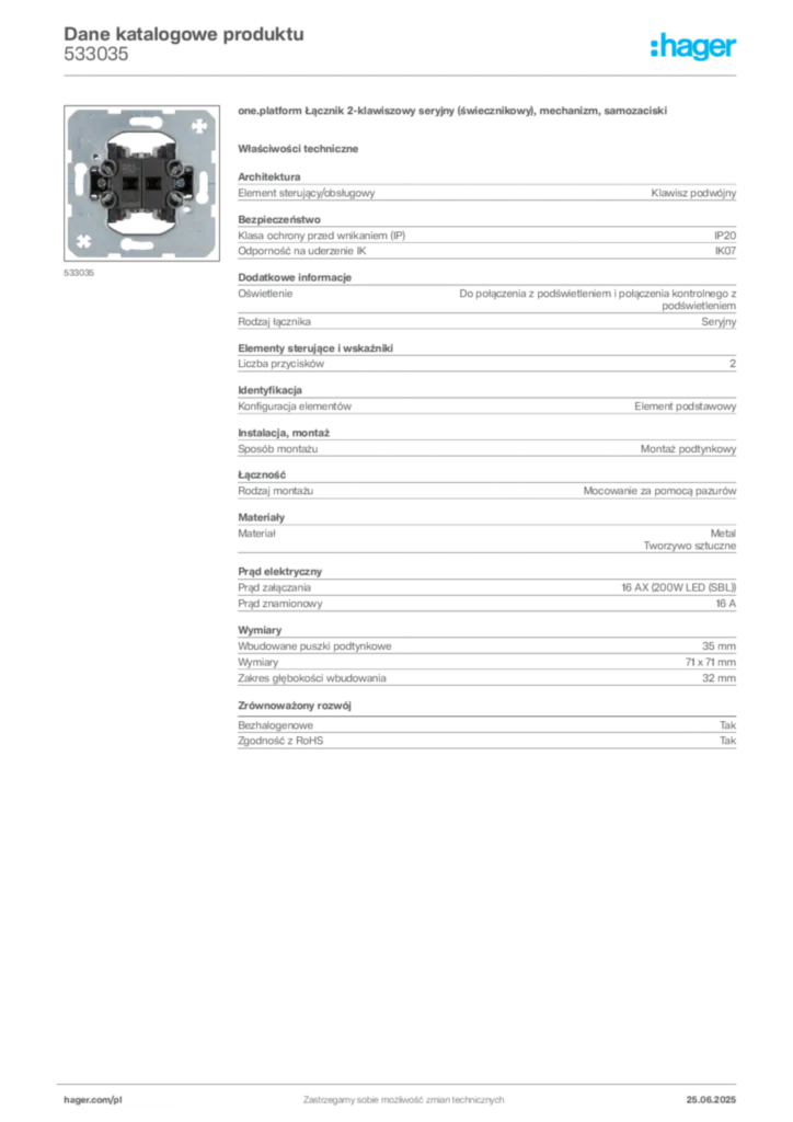 Zdjęcie Hager Dane katalogowe produktu 533035 | Hager Polska