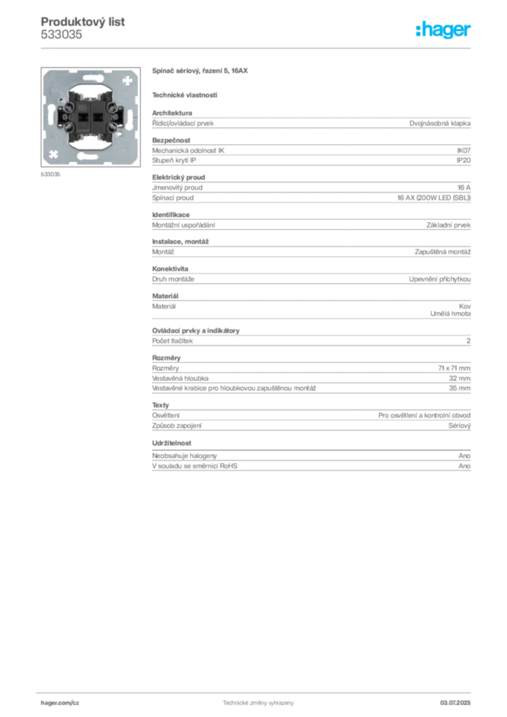 Obrázek Hager Product data sheet 533035 | Hager