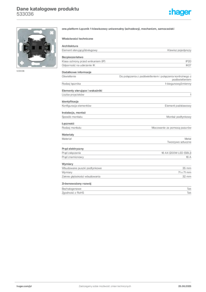 Zdjęcie Hager Dane katalogowe produktu 533036 | Hager Polska
