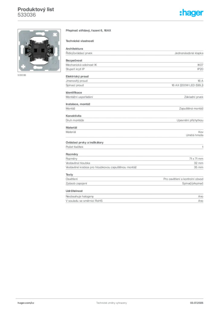 Obrázek Hager Product data sheet 533036 | Hager