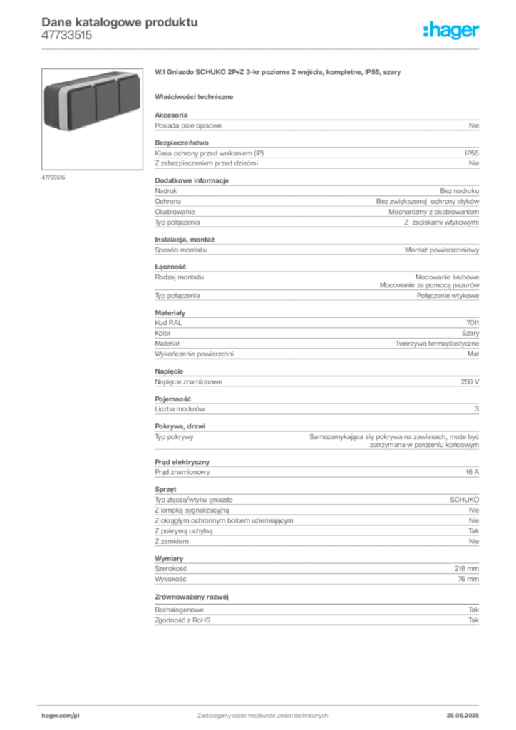 Zdjęcie Hager Dane katalogowe produktu 47733515 | Hager Polska