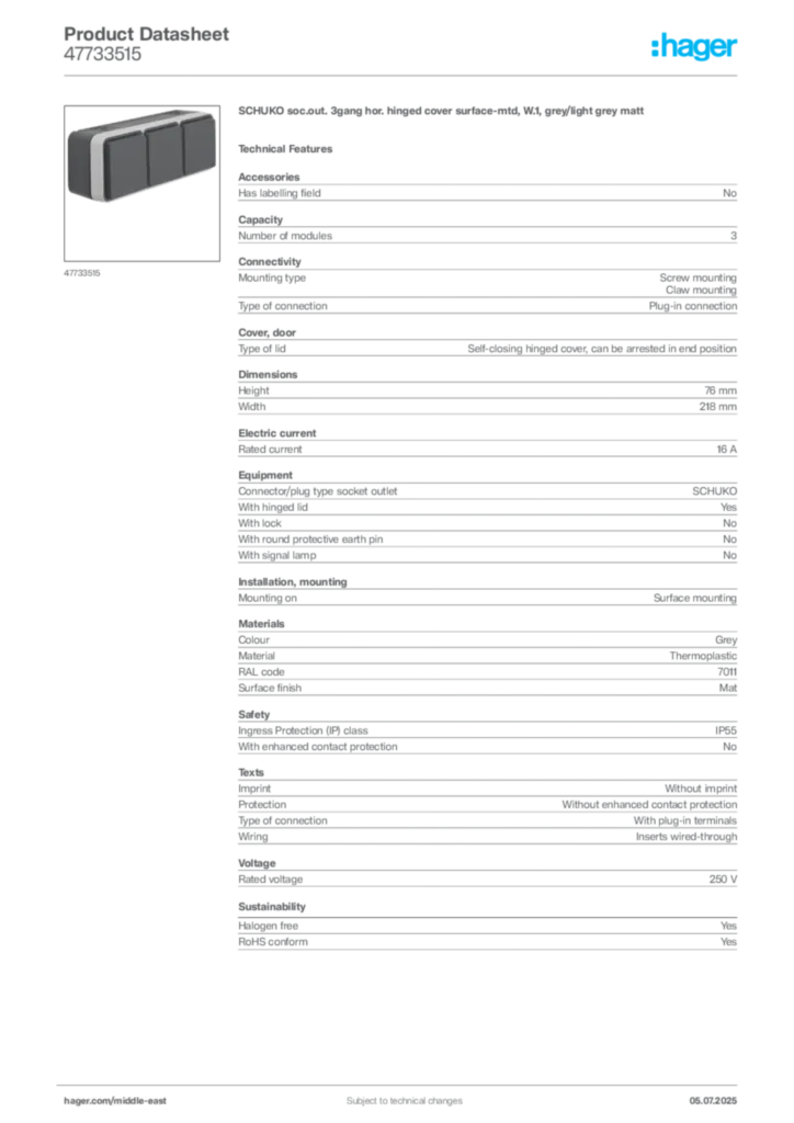 Image Hager Product data sheet 47733515  | Hager