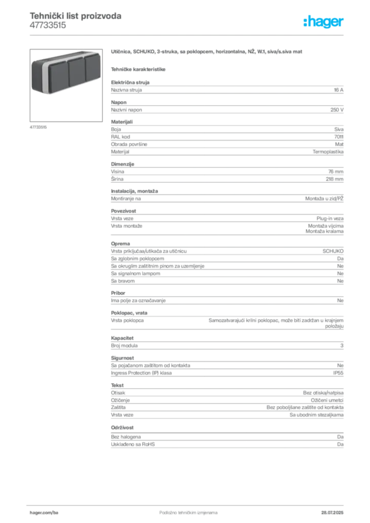 Slika Hager Product data sheet 47733515  | Hager