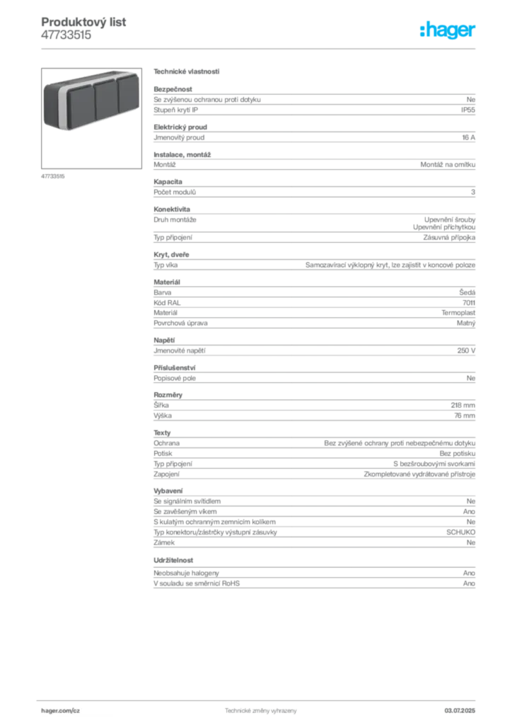 Obrázek Hager Product data sheet 47733515 | Hager