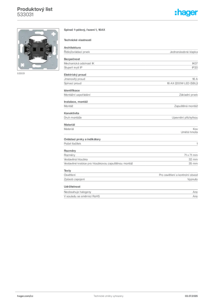 Obrázek Hager Product data sheet 533031 | Hager