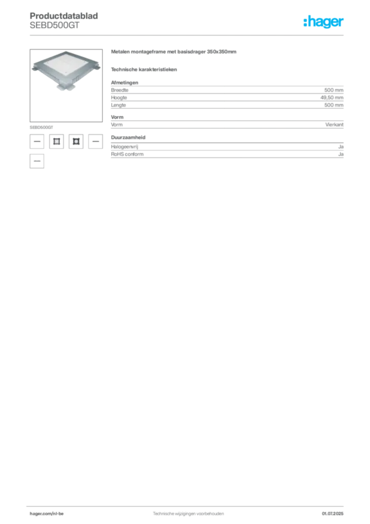 Afbeelding Hager Productdatablad SEBD500GT | Hager Belgium
