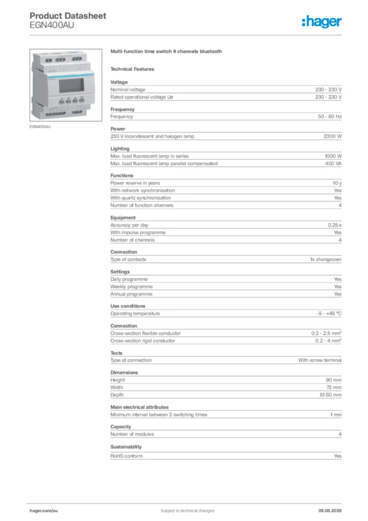 Image Hager Product data sheet EGN400AU  | Hager Australia