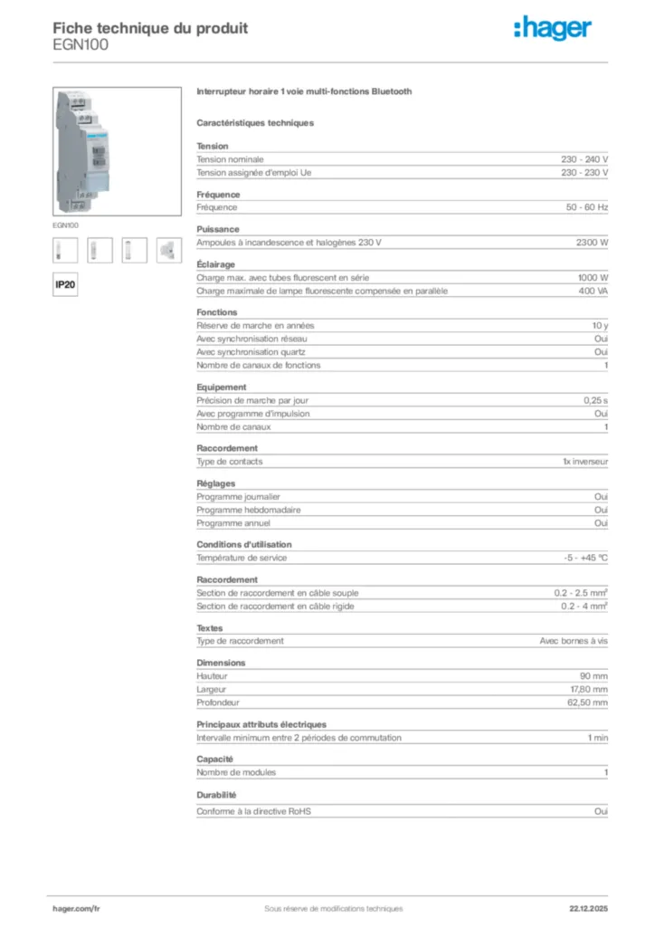 Image Hager Fiche technique du produit EGN100 | Hager France