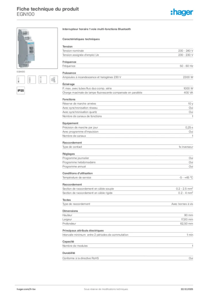 Image Hager Fiche technique du produit EGN100 | Hager Belgique