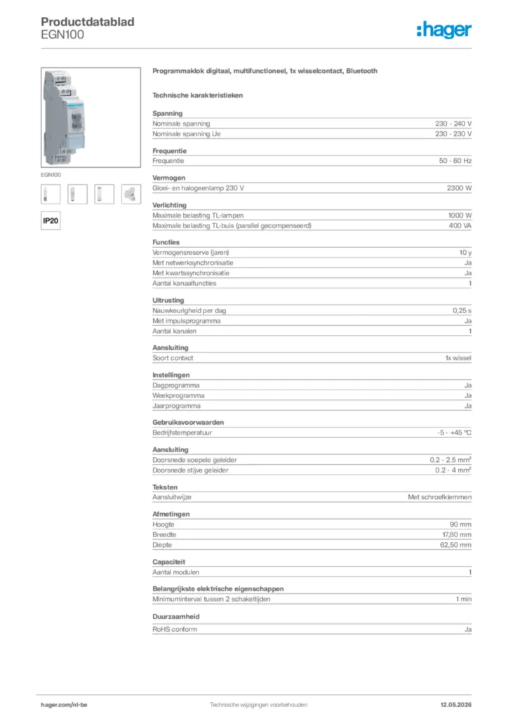 Afbeelding Hager Productdatablad EGN100 | Hager Belgium