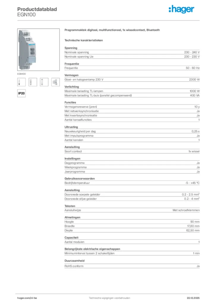 Afbeelding Hager Productdatablad EGN100 | Hager Belgium