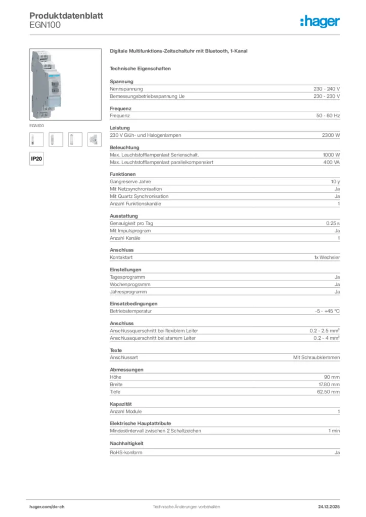 Bild Hager Produktdatenblatt EGN100 | Hager Schweiz