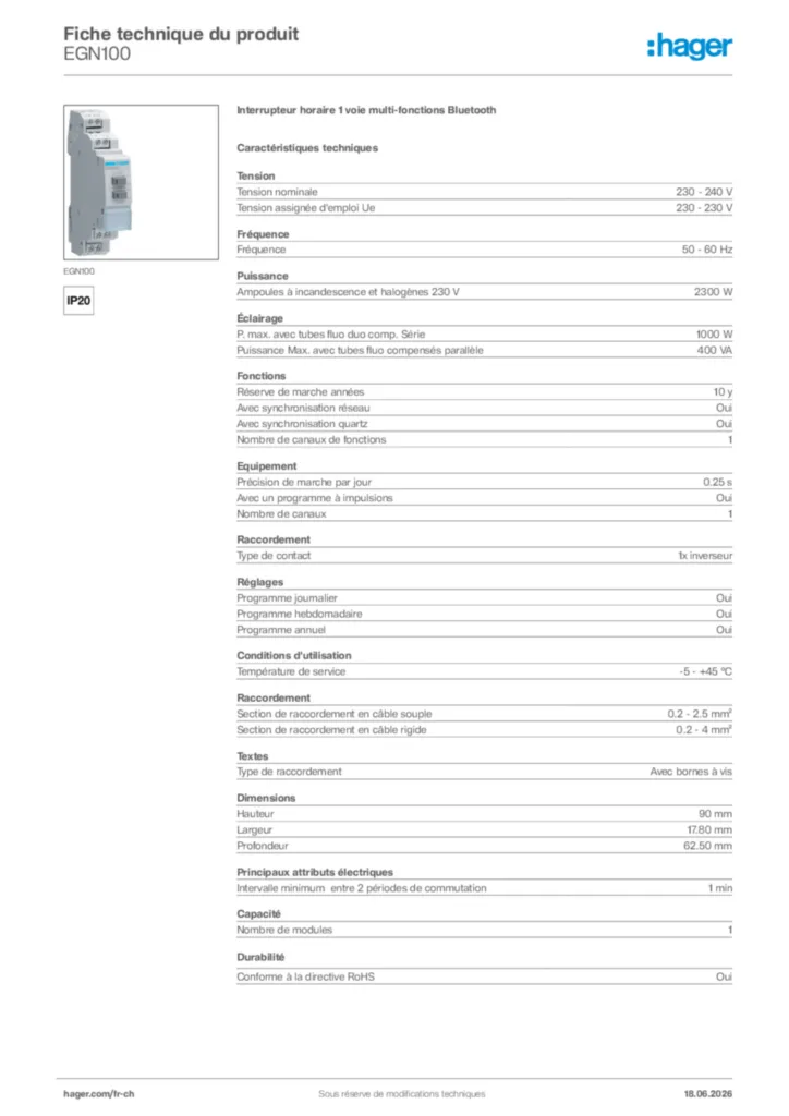 Image Hager Fiche technique du produit EGN100 | Hager Suisse