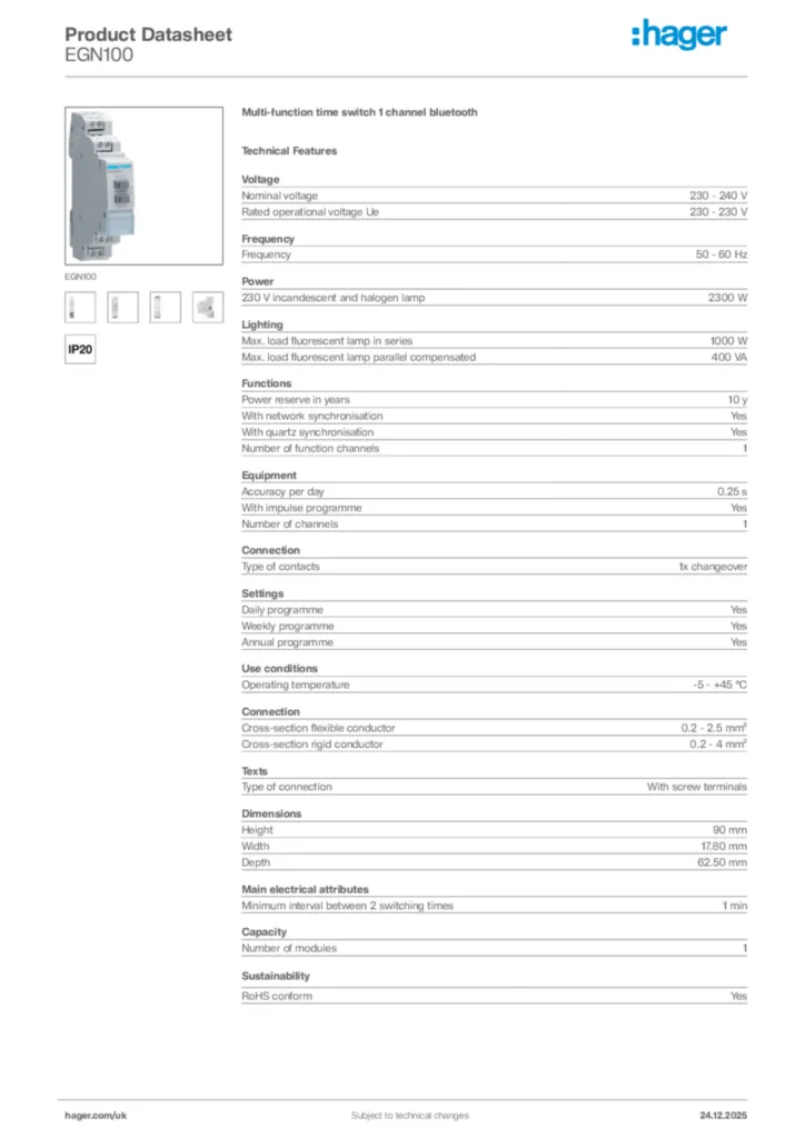 Image Hager Product data sheet EGN100  | Hager