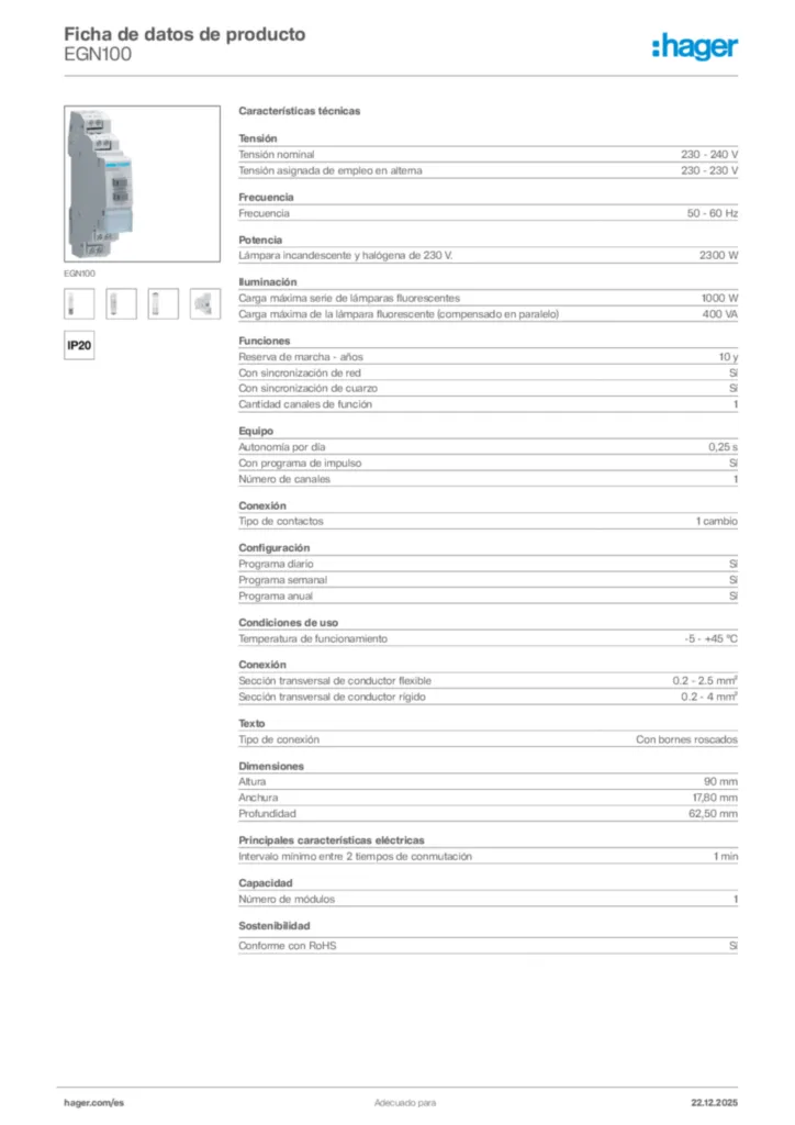 Imagen Hager Ficha de datos de producto EGN100 | Hager España
