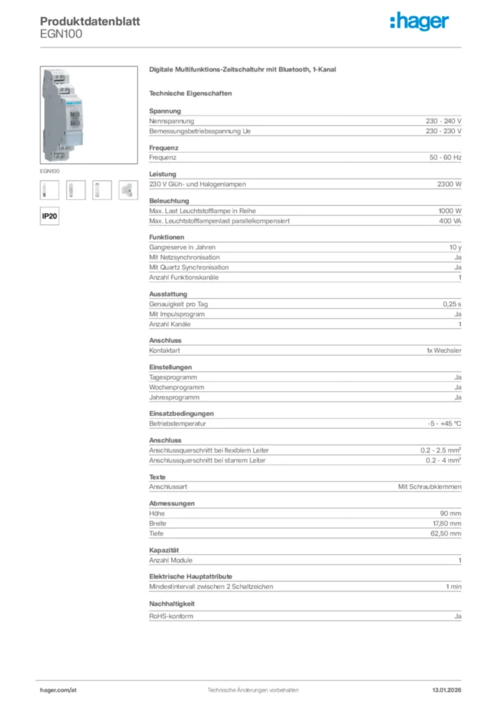 Bild Hager Produktdatenblatt EGN100 | Hager Deutschland