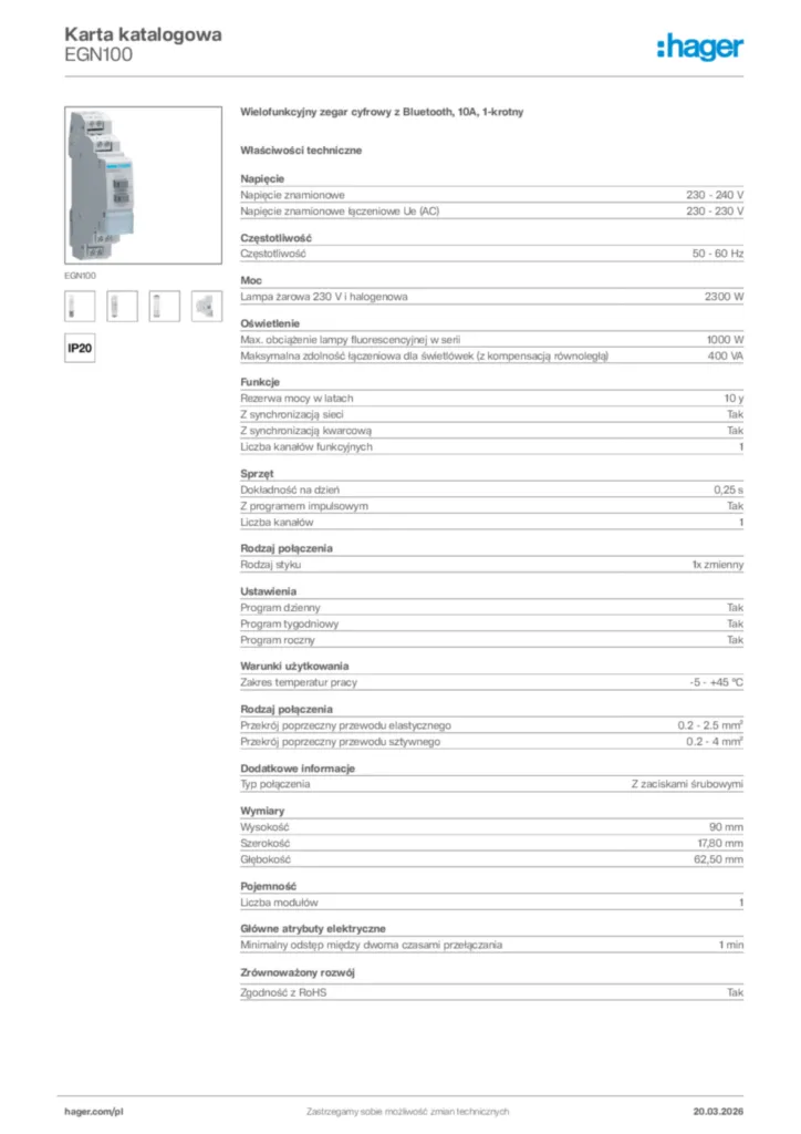 Zdjęcie Hager Karta katalogowa EGN100 | Hager Polska